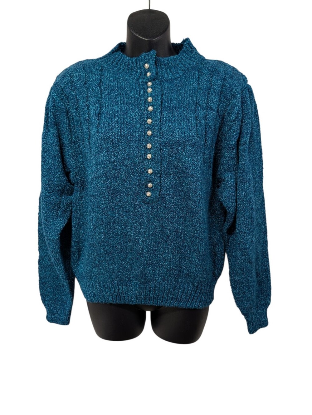 Kimberly Hope Womens Teal Knit Mock Neck Button Placket Pullover Sweater L New